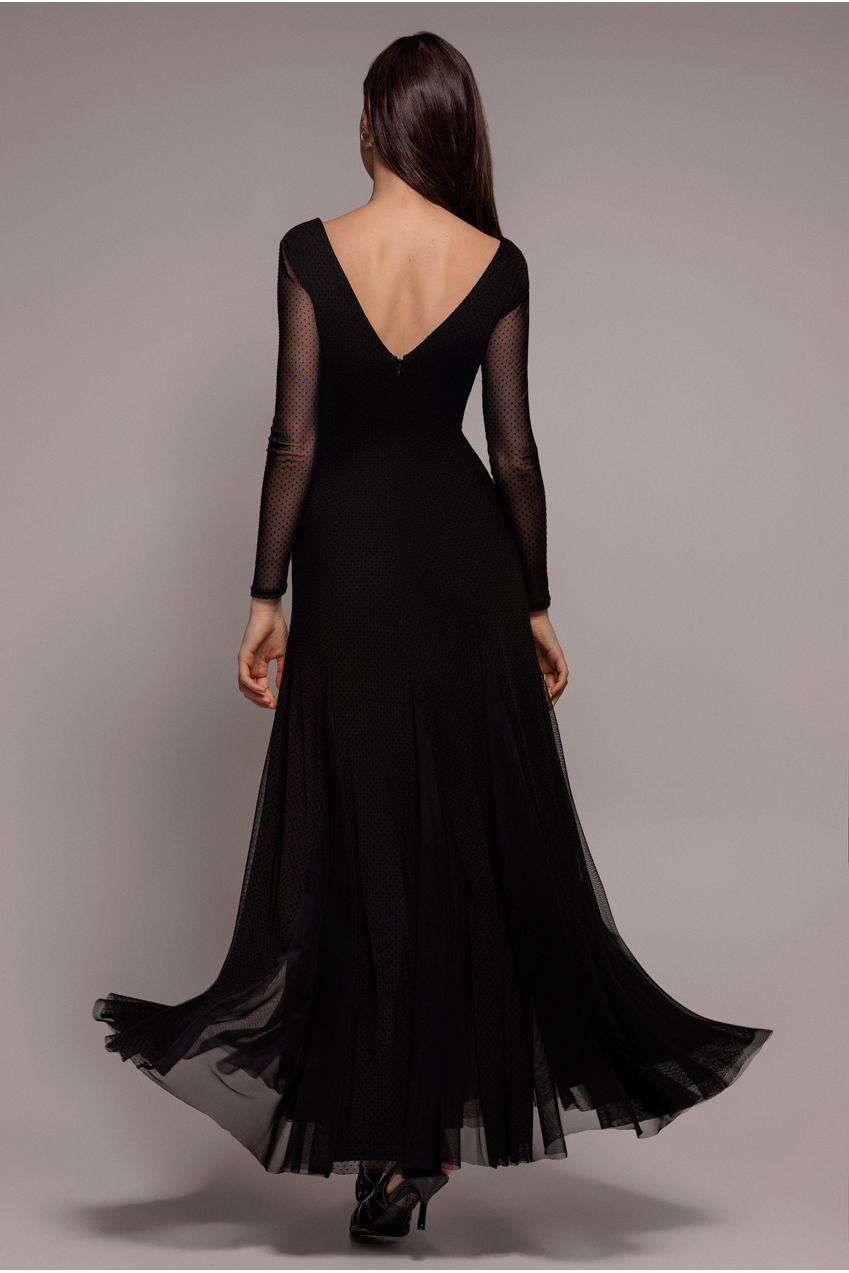Dobby Mesh Insert Long Sleeve A-Line Maxi Dress - Black DR4897