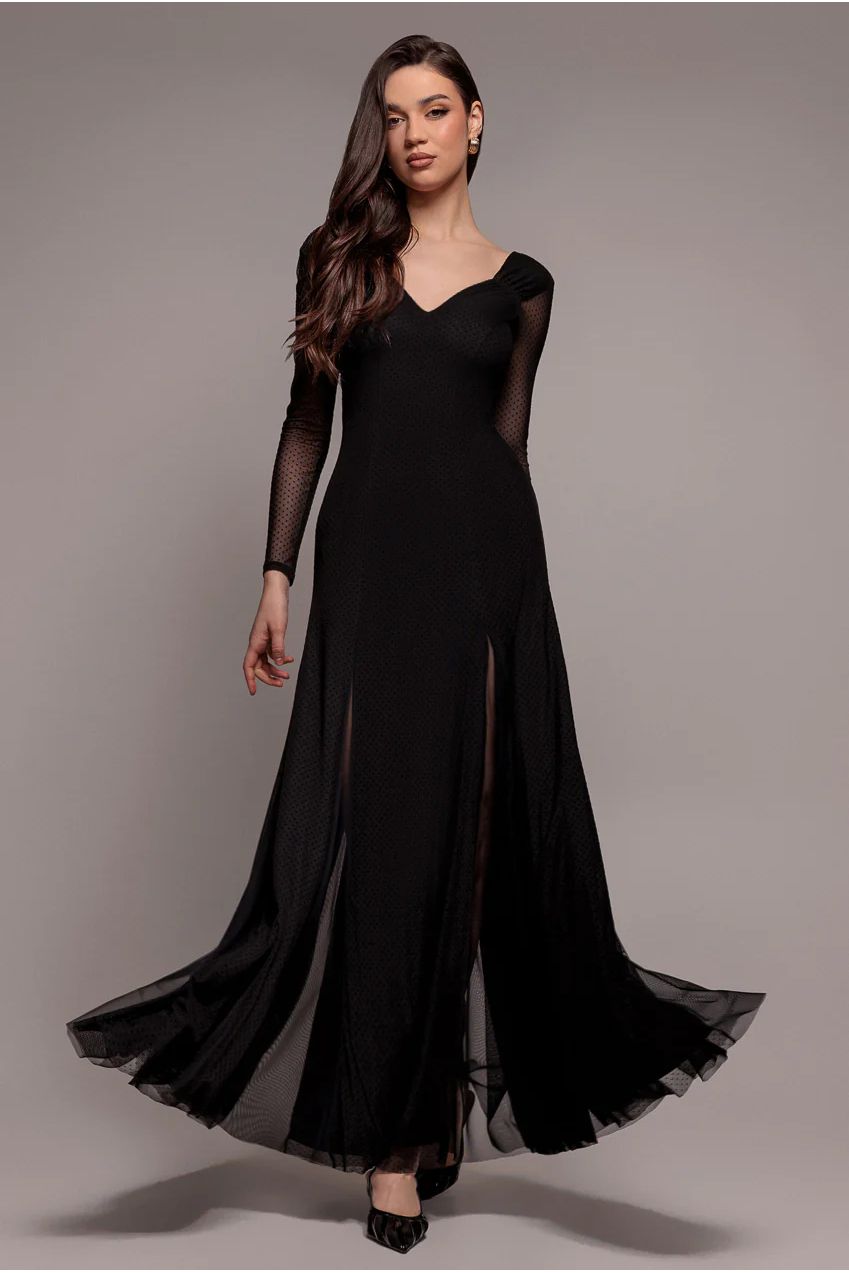 Dobby Mesh Insert Long Sleeve A-Line Maxi Dress - Black DR4897