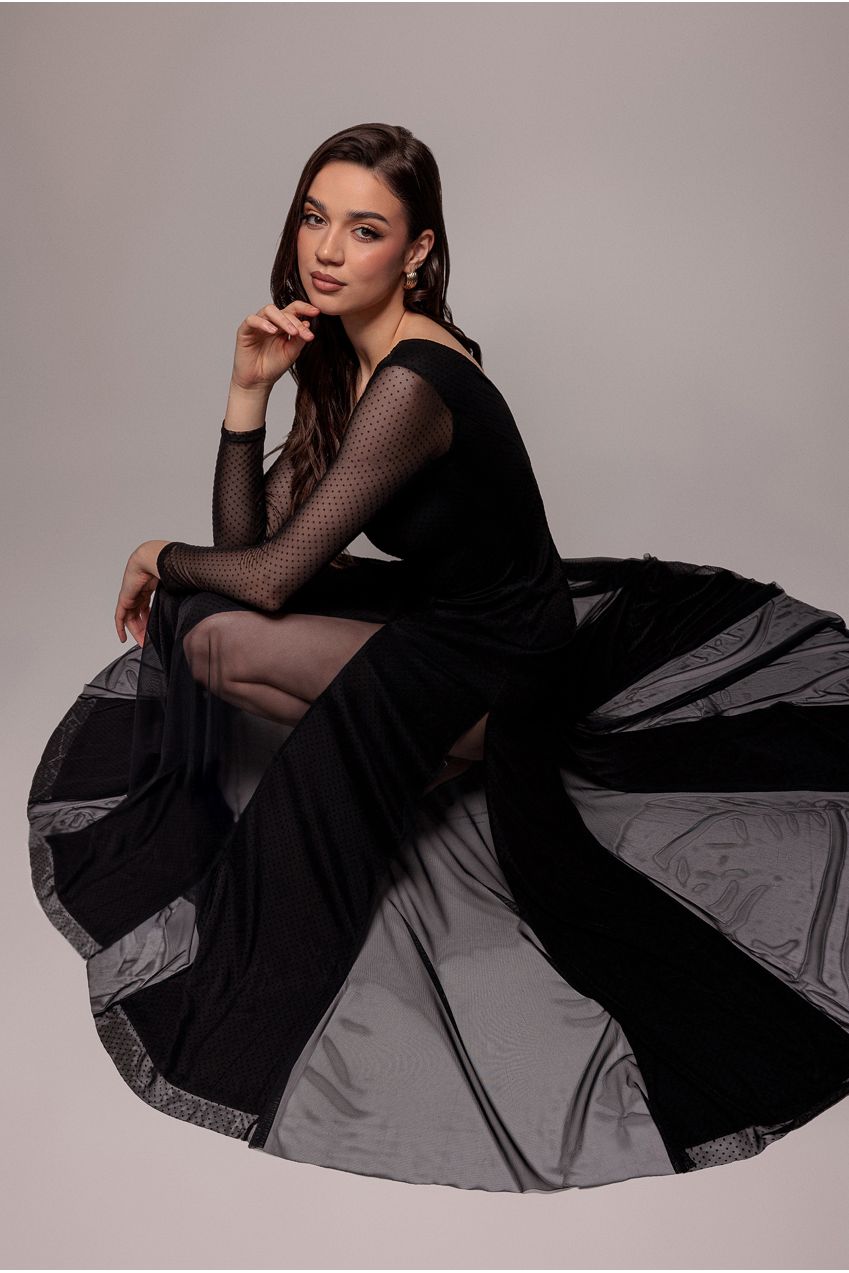 Dobby Mesh Insert Long Sleeve A-Line Maxi Dress - Black DR4897