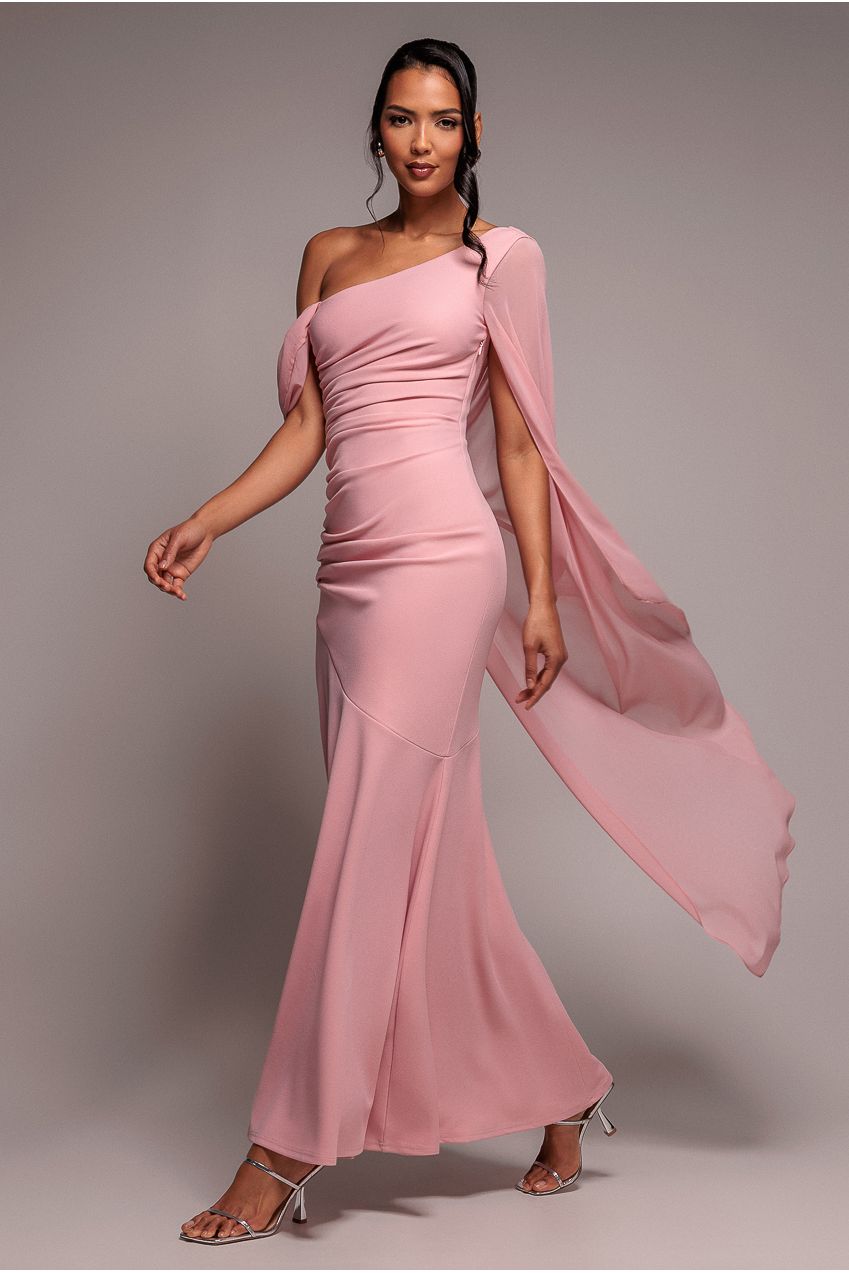 One Shoulder Cape Scuba & Chiffon Maxi Dress - Blush Pink DR4899