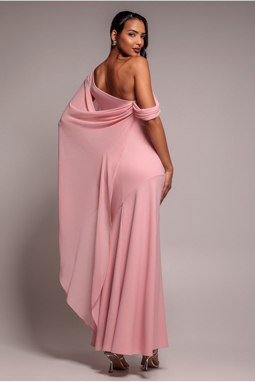 One Shoulder Cape Scuba & Chiffon Maxi Dress - Blush Pink DR4899