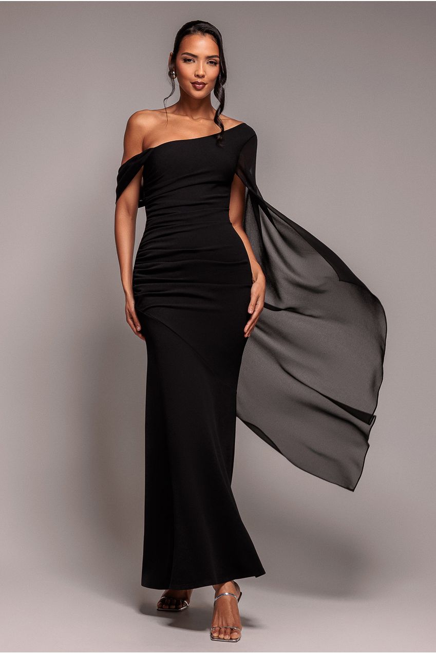 One Shoulder Cape Scuba & Chiffon Maxi Dress - Black DR4899