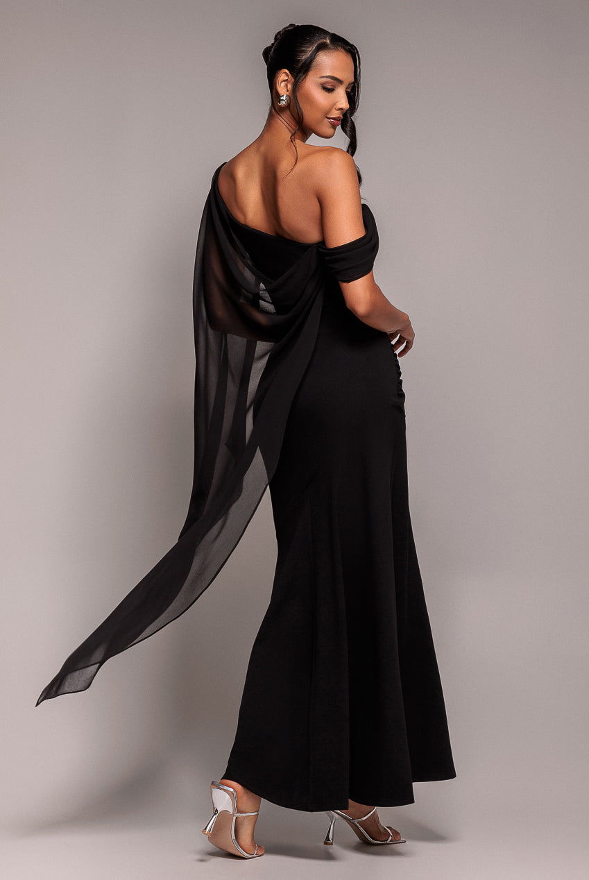 One Shoulder Cape Scuba & Chiffon Maxi Dress - Black DR4899
