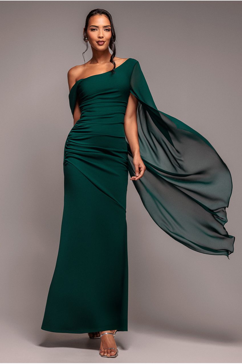One Shoulder Cape Scuba & Chiffon Maxi Dress - Emerald Green DR4899