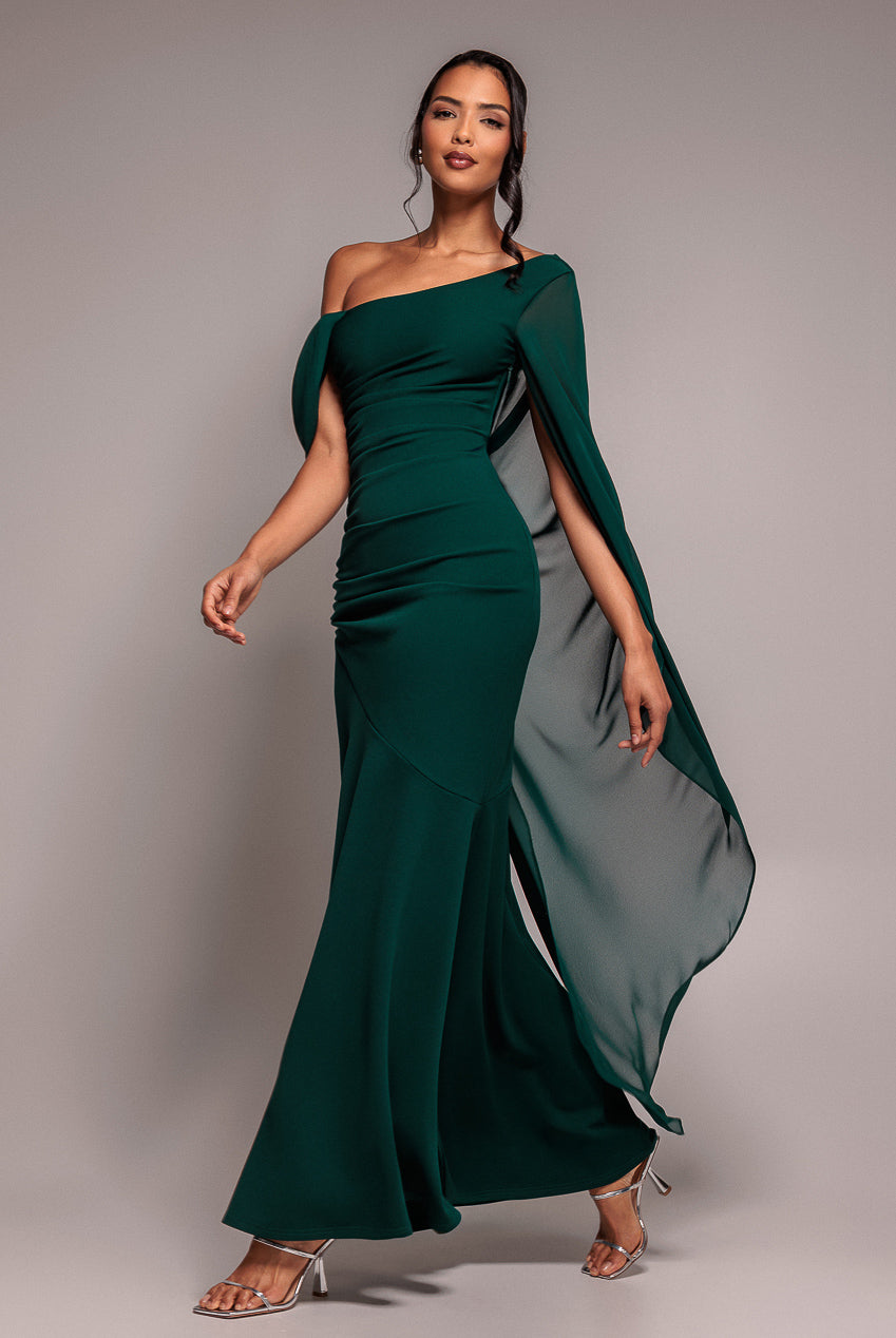 One Shoulder Cape Scuba & Chiffon Maxi Dress - Emerald Green DR4899