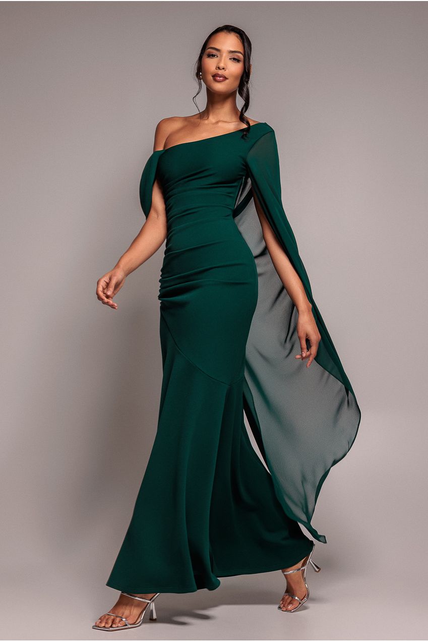 One Shoulder Cape Scuba & Chiffon Maxi Dress - Emerald Green DR4899