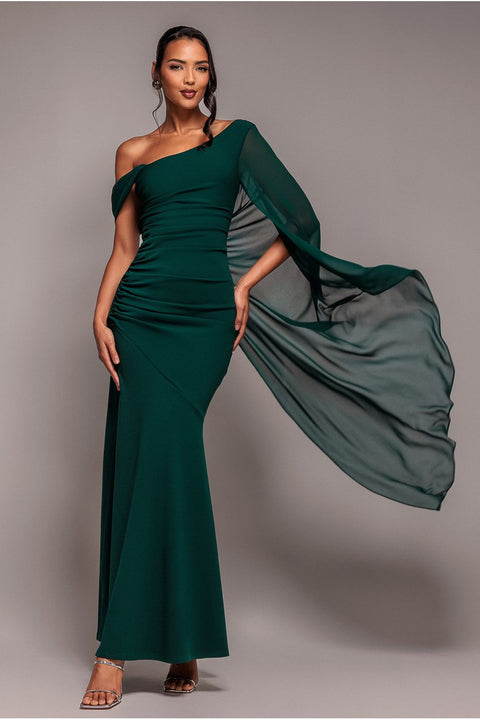 One Shoulder Cape Scuba & Chiffon Maxi Dress - Emerald Green by Goddiva