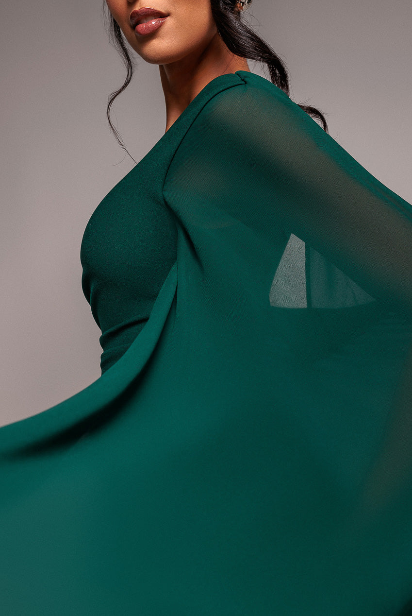 One Shoulder Cape Scuba & Chiffon Maxi Dress - Emerald Green DR4899