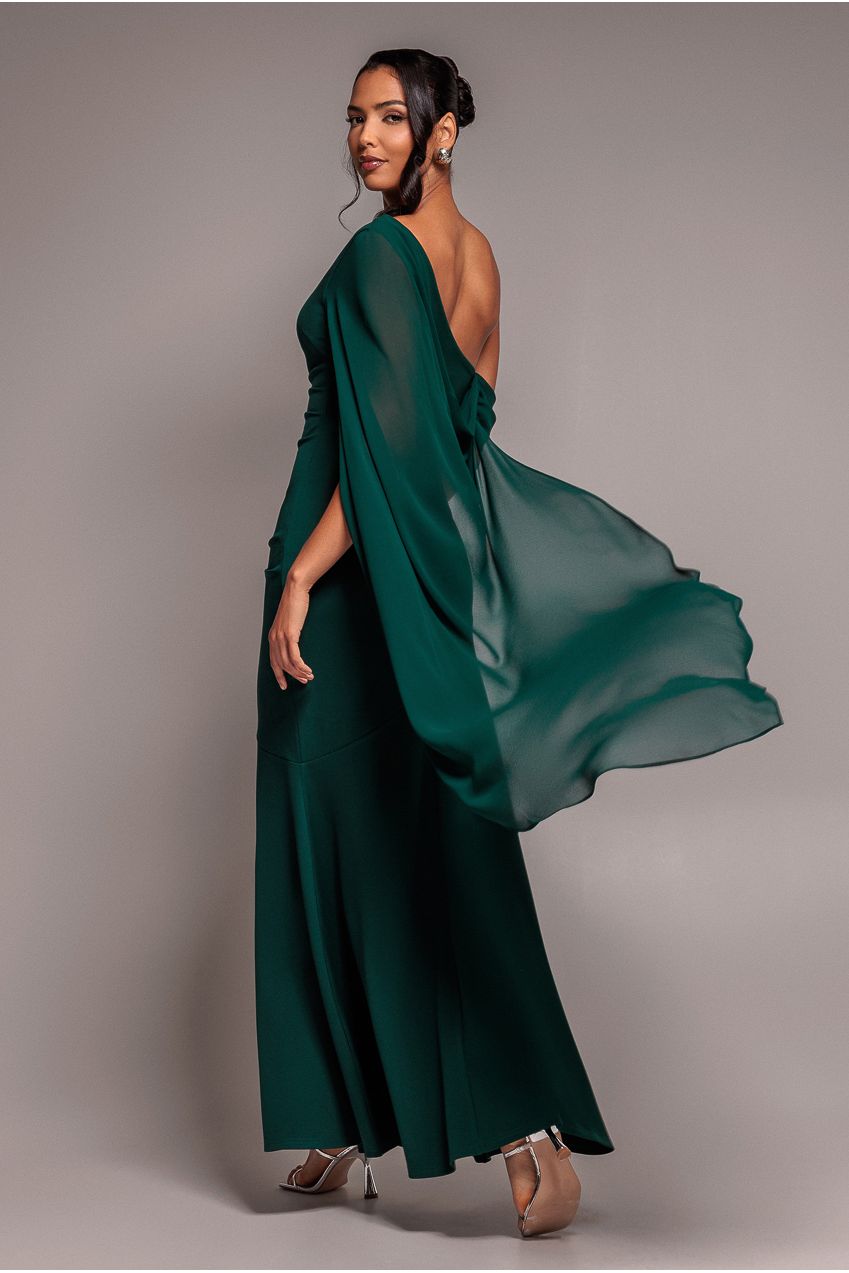 One Shoulder Cape Scuba & Chiffon Maxi Dress - Emerald Green DR4899