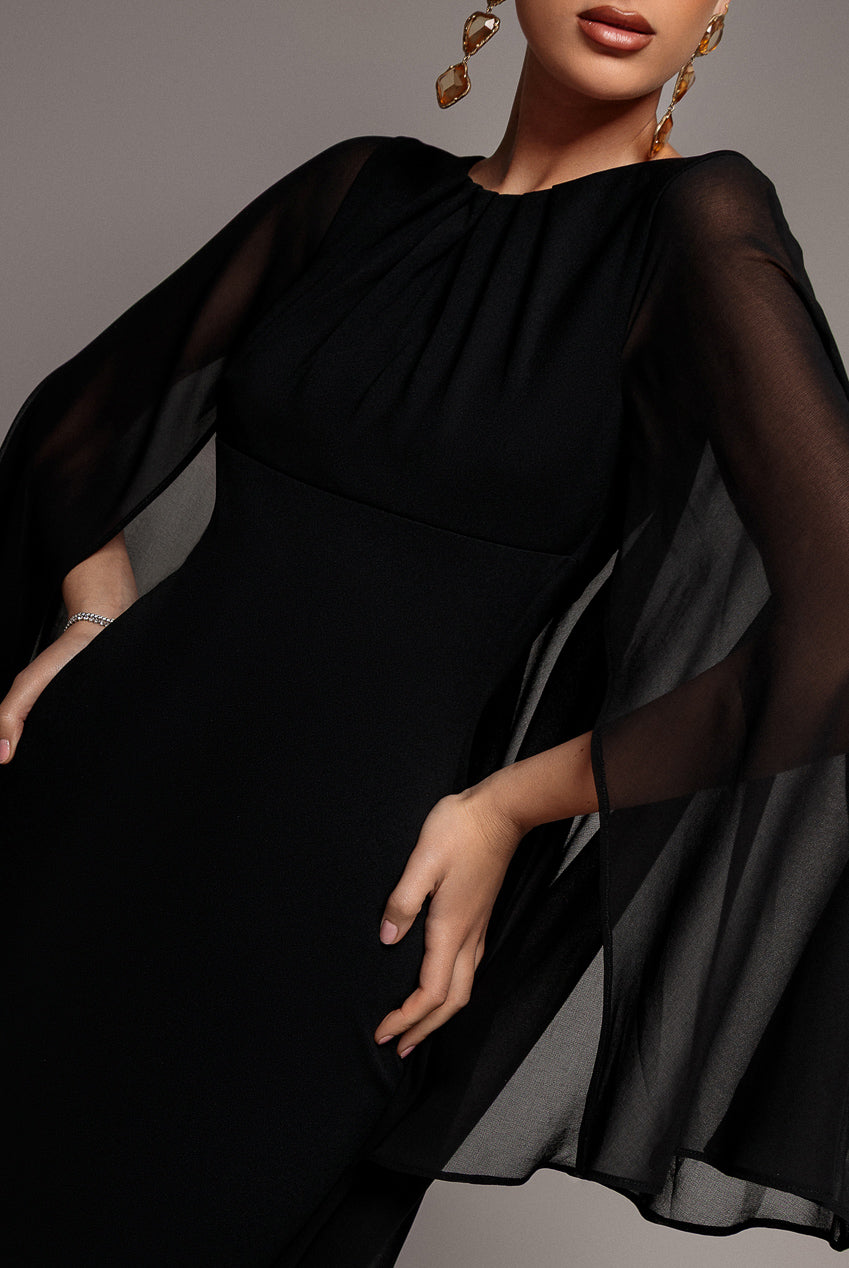 Cape Sleeve Chiffon And Scuba Crepe Maxi Dress - Black DR4900
