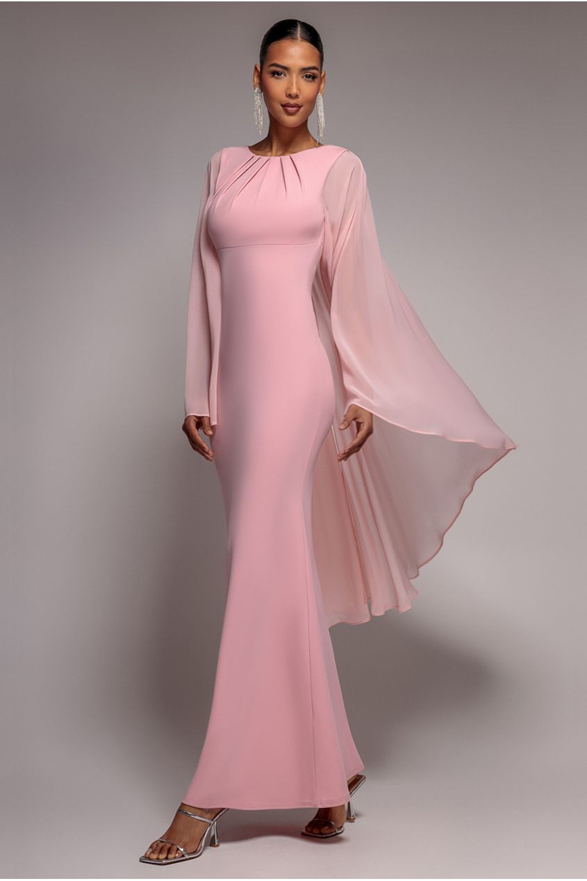 Cape Sleeve Chiffon And Scuba Crepe Maxi Dress - Blush Pink DR4900