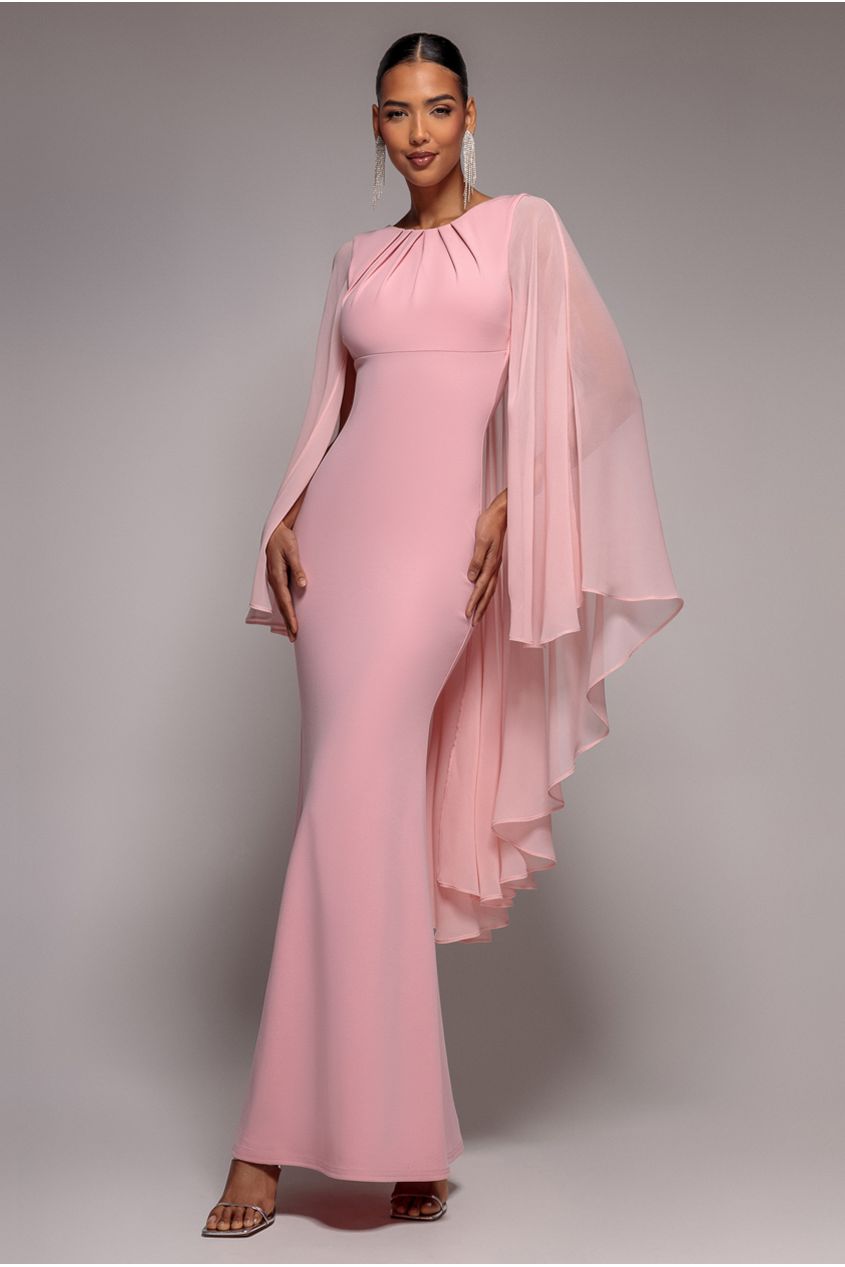 Cape Sleeve Chiffon And Scuba Crepe Maxi Dress - Blush Pink DR4900