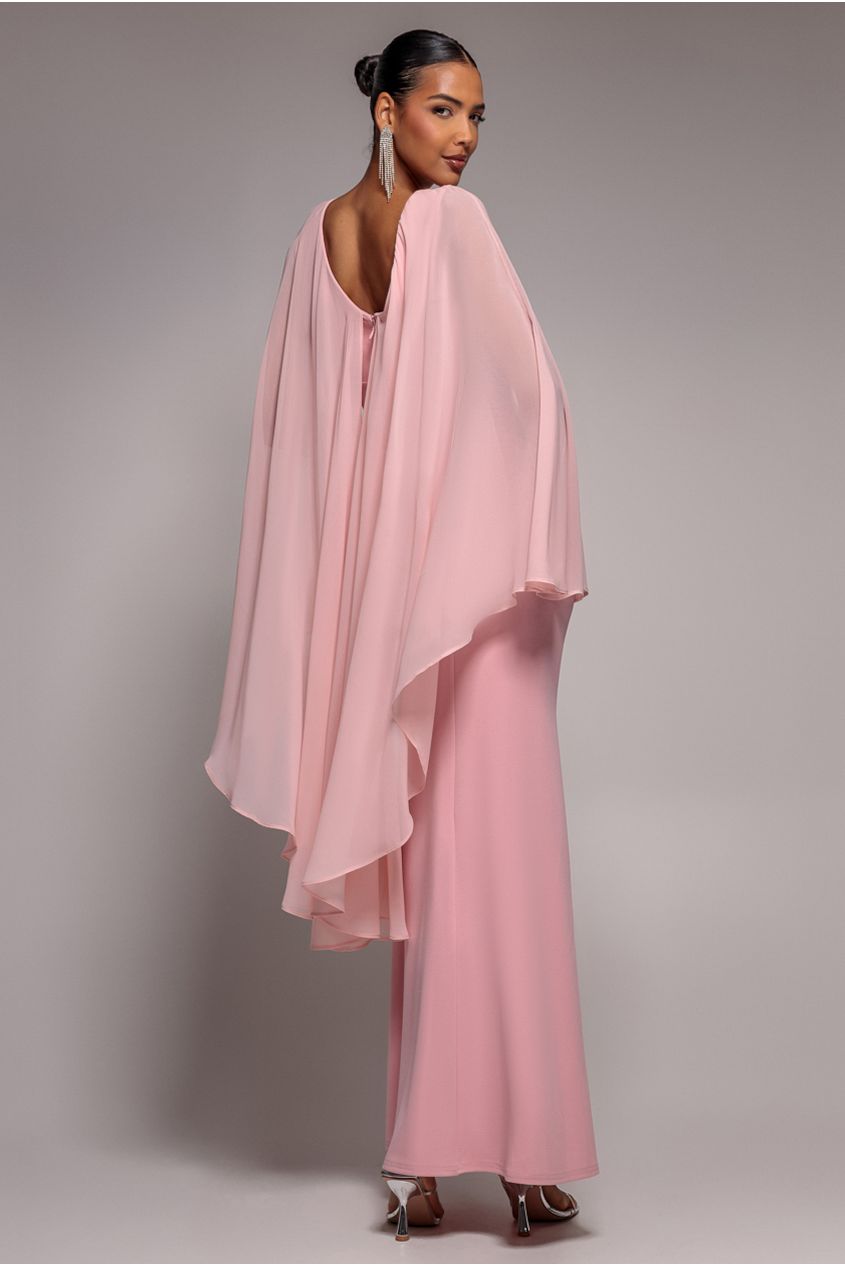 Cape Sleeve Chiffon And Scuba Crepe Maxi Dress - Blush Pink DR4900