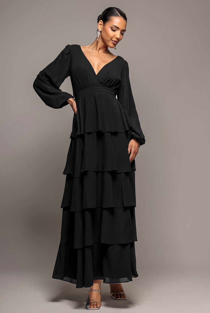 Tiered Chiffon Wrap Maxi Dress - Black DR4903BBS