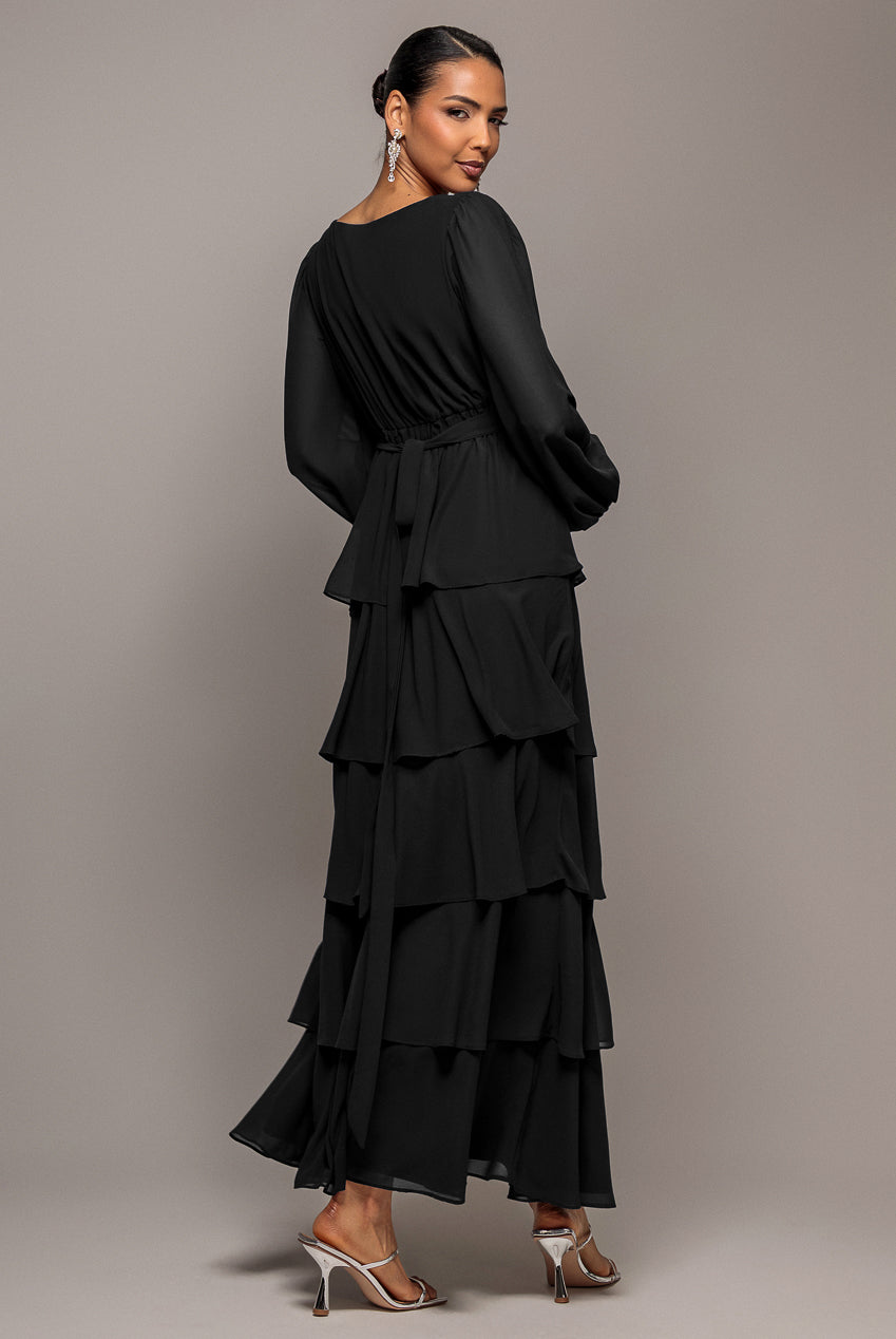 Tiered Chiffon Wrap Maxi Dress - Black DR4903BBS
