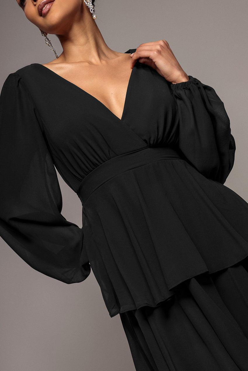 Tiered Chiffon Wrap Midi Dress - Black DR4907BBS