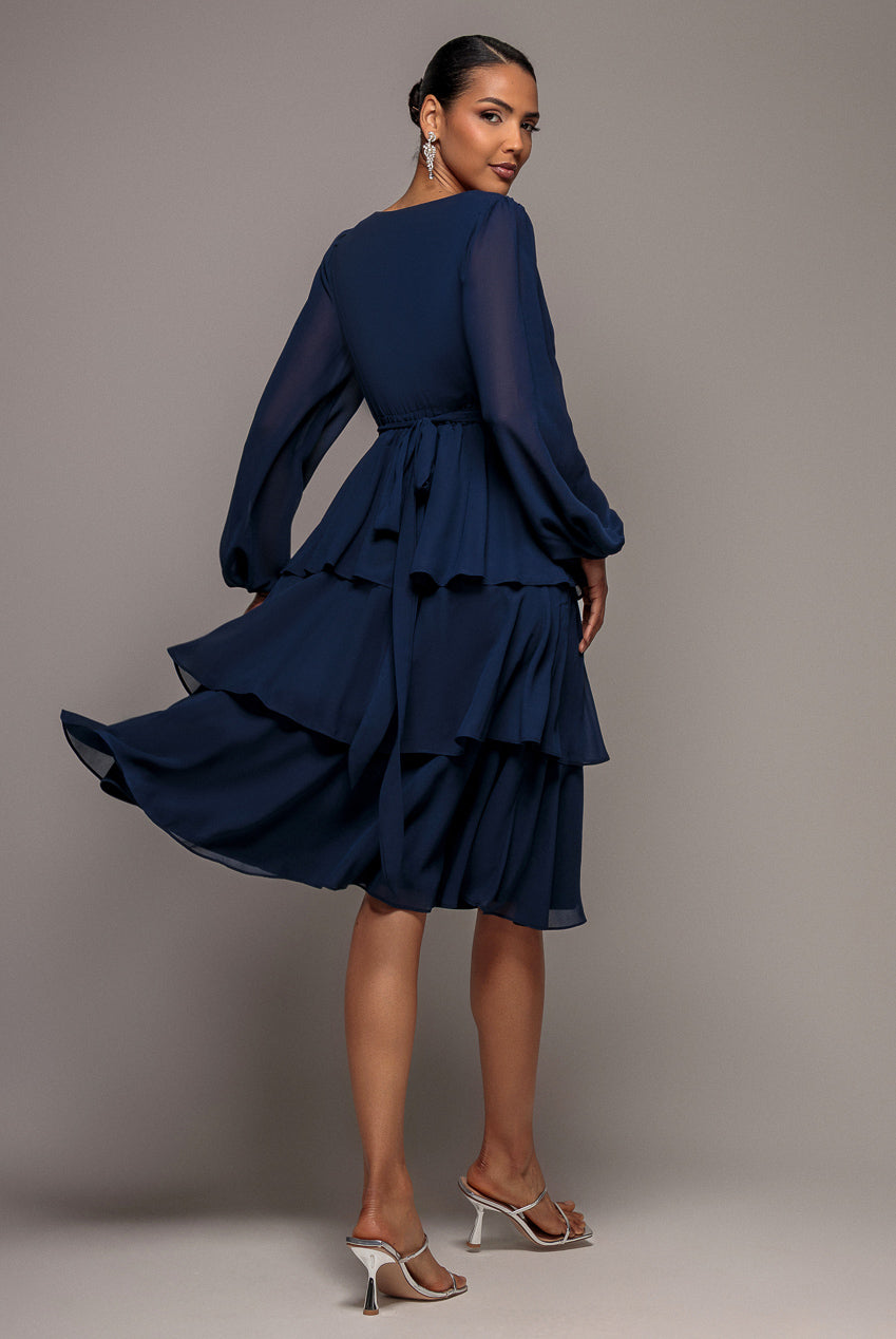 Tiered Chiffon Wrap Midi Dress - Navy Blue DR4907BBS