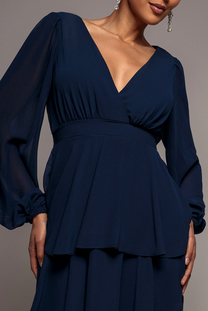 Tiered Chiffon Wrap Midi Dress - Navy Blue DR4907BBS