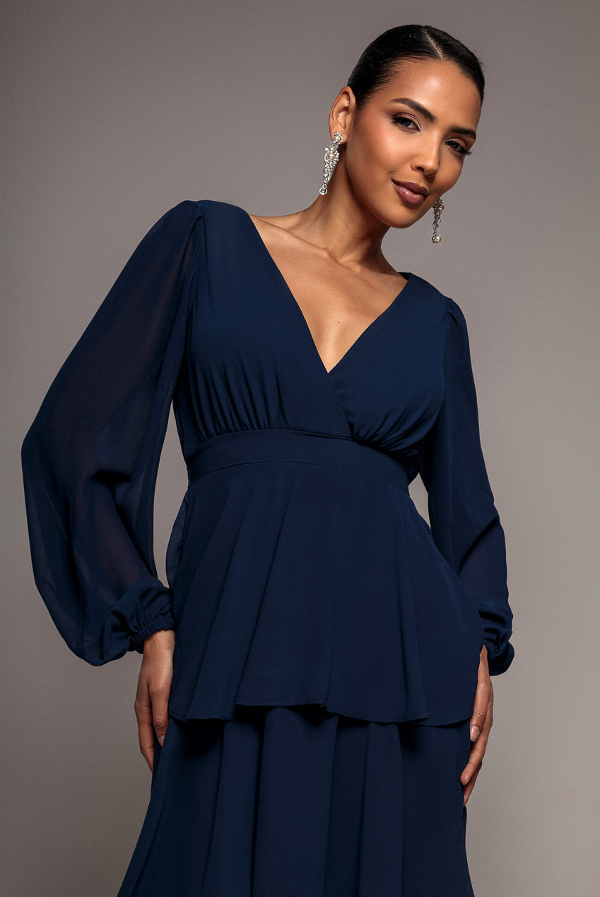 Tiered Chiffon Wrap Midi Dress - Navy Blue DR4907BBS