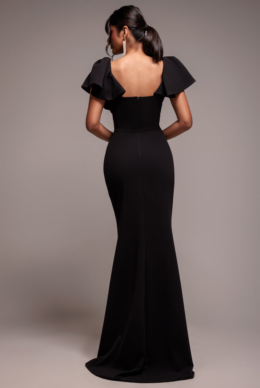 Cape Sleeve Detail Front Tie Maxi Dress - Black DR4908