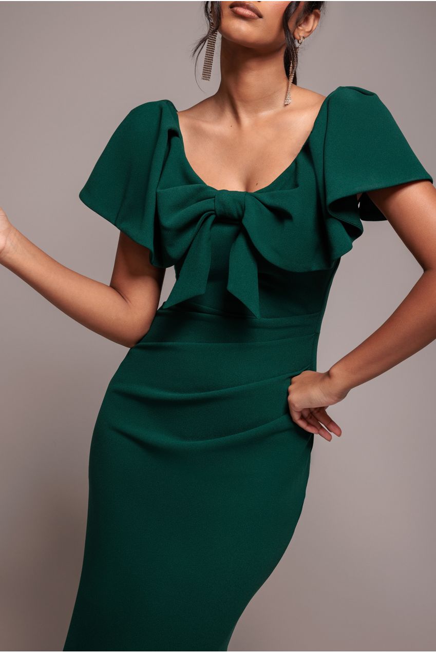 Cape Sleeve Detail Front Tie Maxi Dress - Emerald Green DR4908