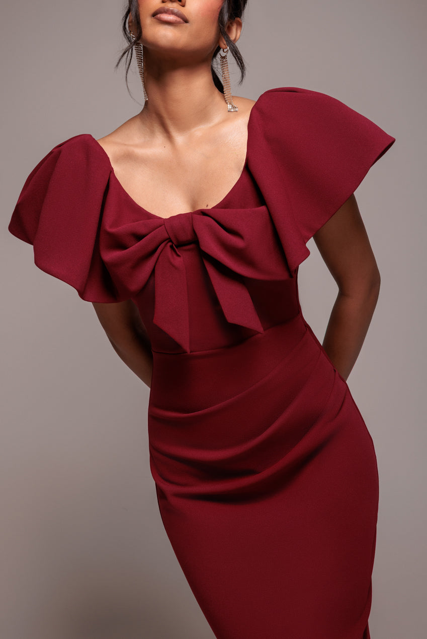 Cape Sleeve Detail Front Tie Maxi Dress - Wine DR4908