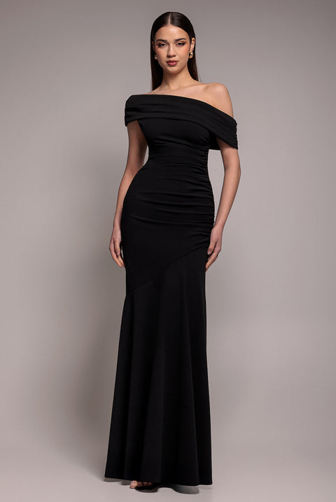 Pleated One Shoulder Bardot Fit And Flare Maxi Dress - Black by Goddiva