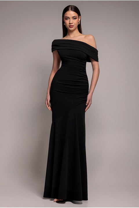 Pleated One Shoulder Bardot Fit And Flare Maxi Dress - Black by Goddiva