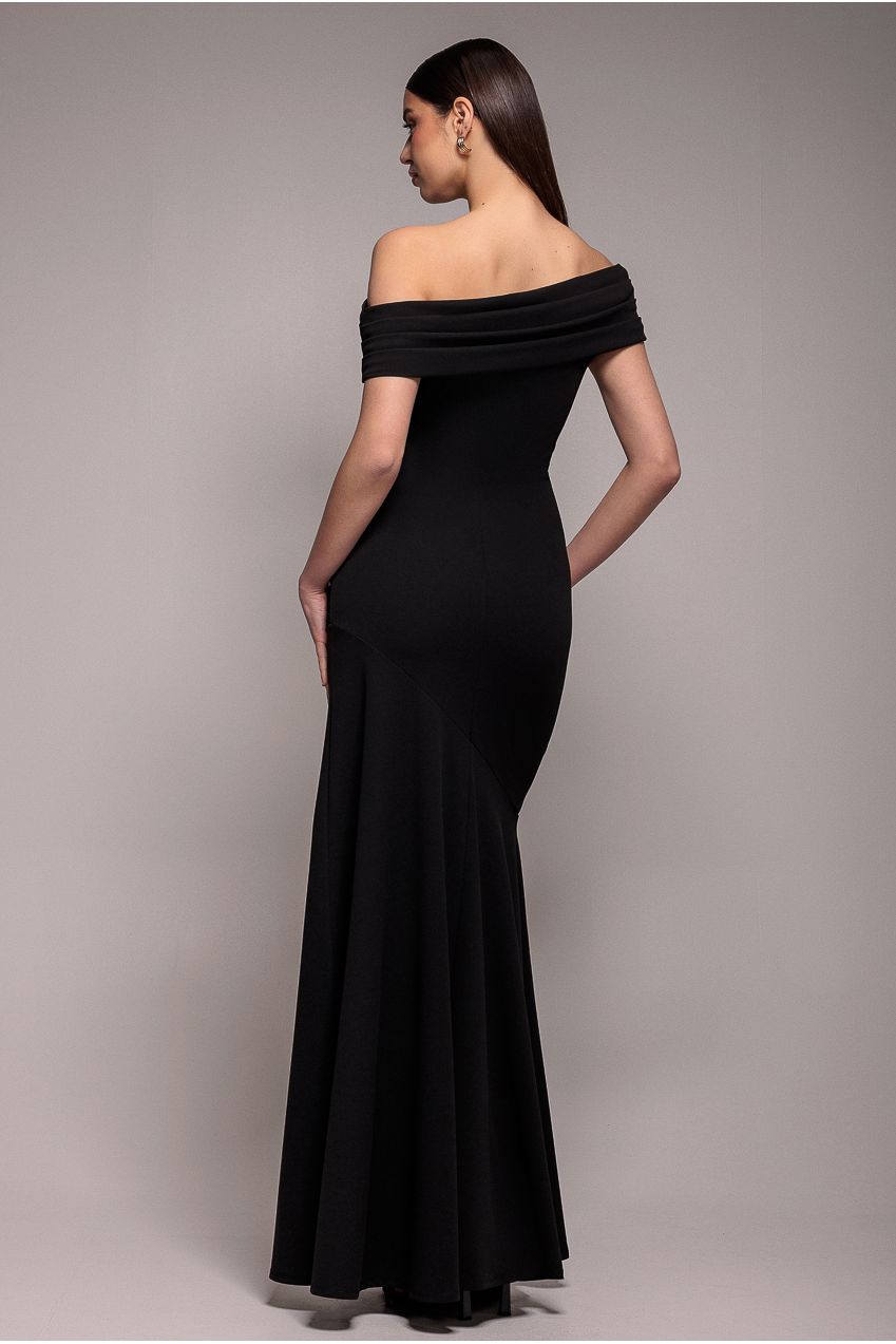 Pleated One Shoulder Bardot Fit And Flare Maxi Dress - Black DR4909