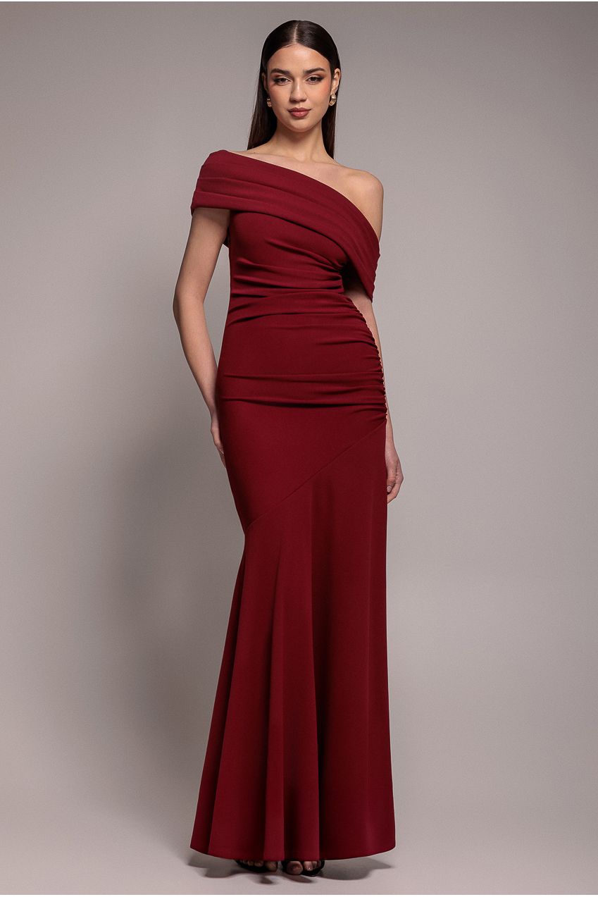 Pleated One Shoulder Bardot Fit And Flare Maxi Dress - Burgundy DR4909