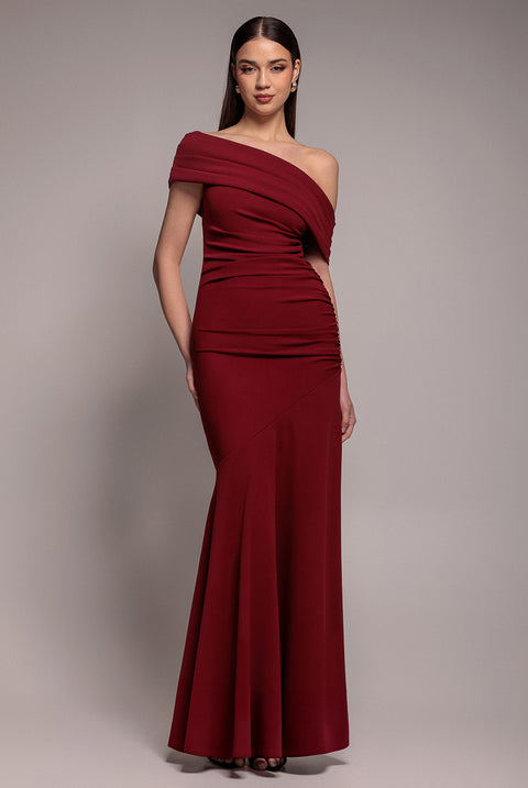 Pleated One Shoulder Bardot Fit And Flare Maxi Dress - Burgundy by Goddiva