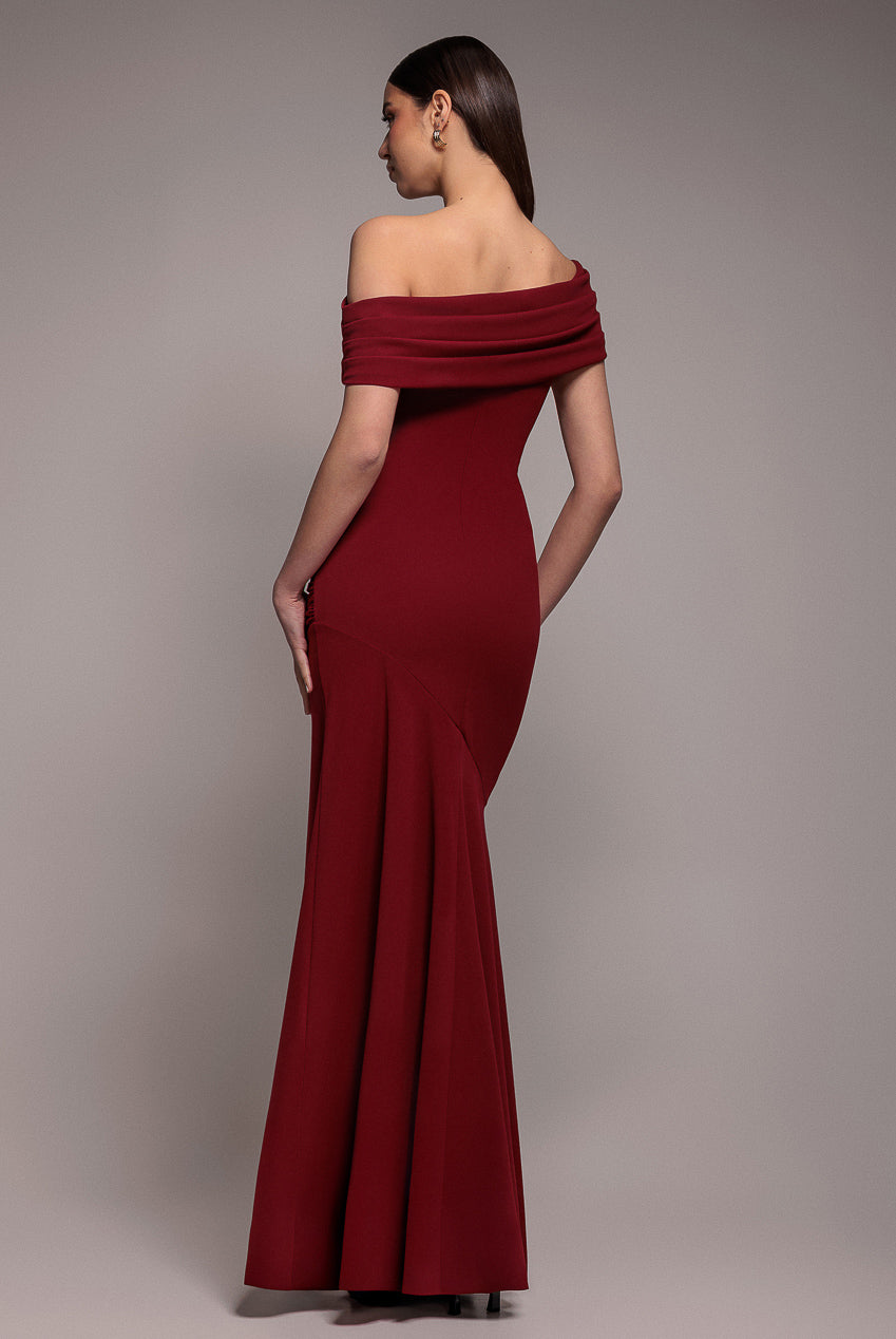 Pleated One Shoulder Bardot Fit And Flare Maxi Dress - Burgundy DR4909