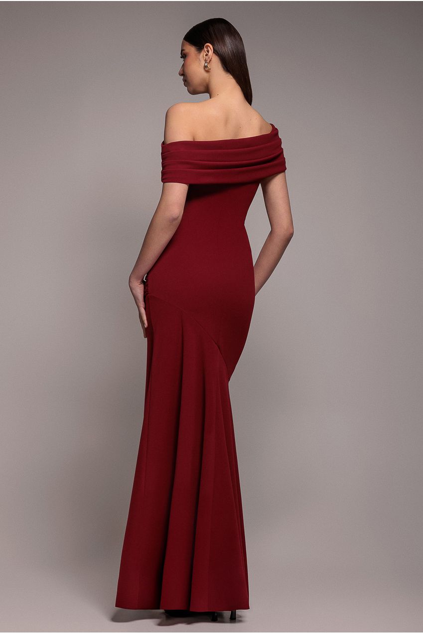 Pleated One Shoulder Bardot Fit And Flare Maxi Dress - Burgundy DR4909
