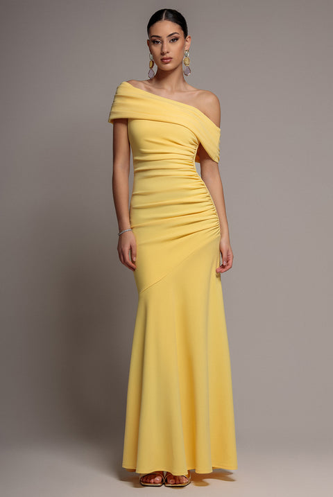 Pleated One Shoulder Bardot Fit And Flare Maxi Dress - Butter Yellow by Goddiva