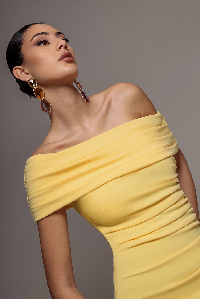 Pleated One Shoulder Bardot Fit And Flare Maxi Dress - Butter Yellow DR4909