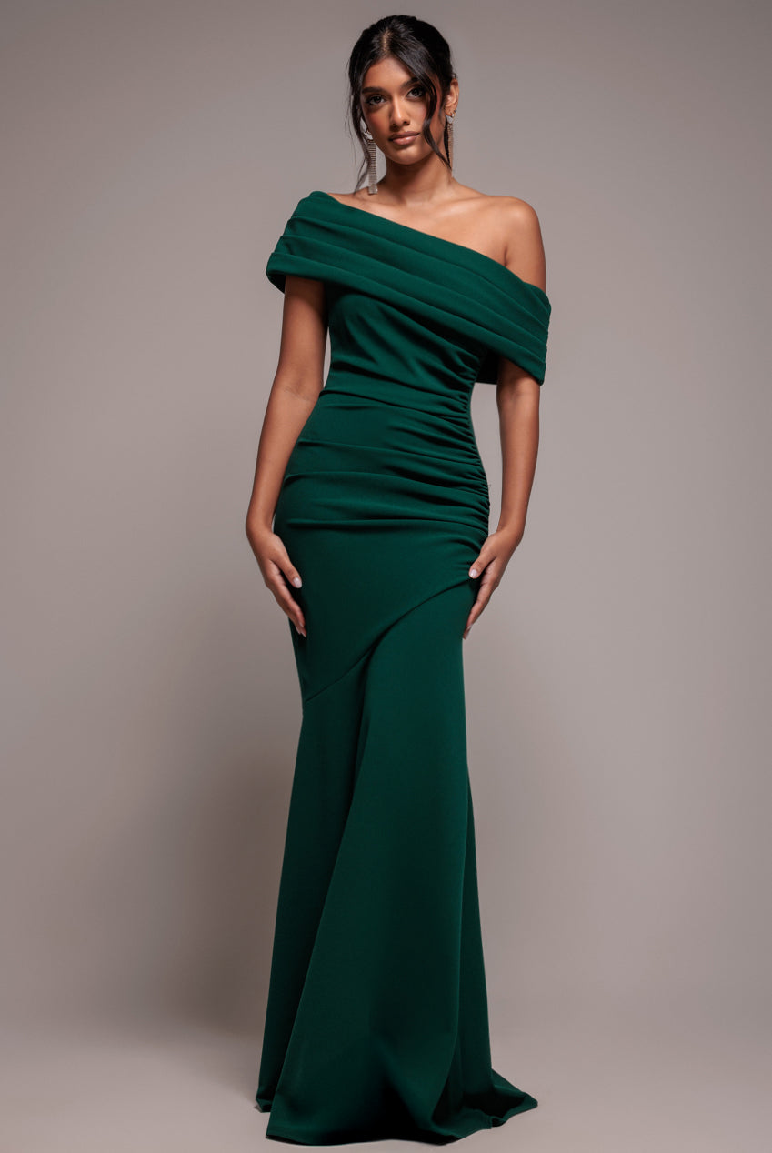 Pleated One Shoulder Bardot Fit And Flare Maxi Dress - Emerald Green DR4909