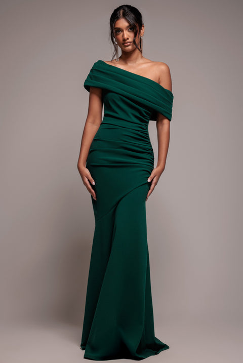 Pleated One Shoulder Bardot Fit And Flare Maxi Dress - Emerald Green by Goddiva