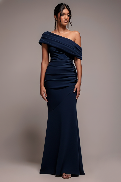 Pleated One Shoulder Bardot Fit And Flare Maxi Dress - Navy Blue by Goddiva