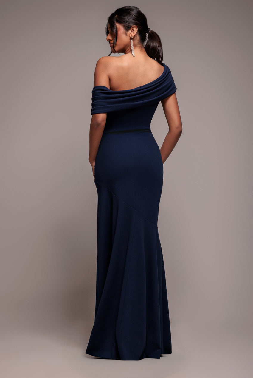 Pleated One Shoulder Bardot Fit And Flare Maxi Dress - Navy Blue DR4909