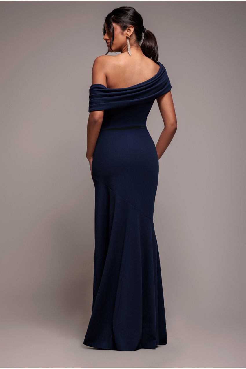 Pleated One Shoulder Bardot Fit And Flare Maxi Dress - Navy Blue DR4909