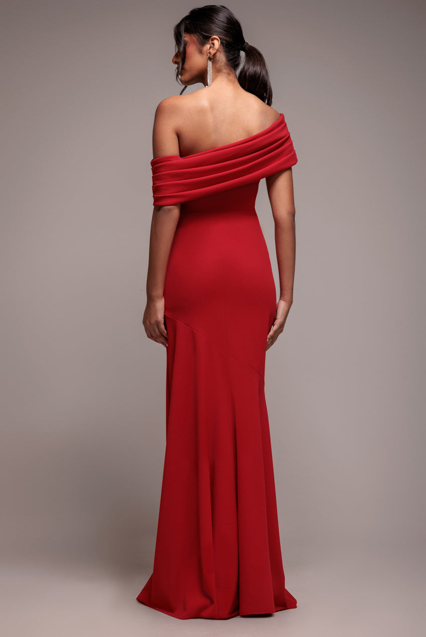 Pleated One Shoulder Bardot Fit And Flare Maxi Dress - Red DR4909