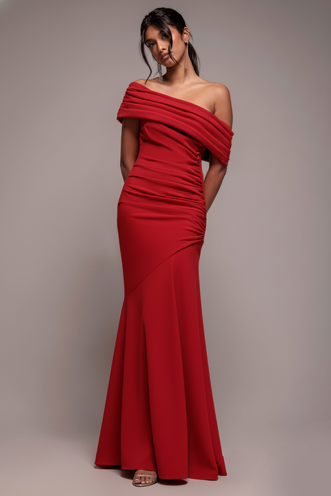 Pleated One Shoulder Bardot Fit And Flare Maxi Dress - Red by Goddiva