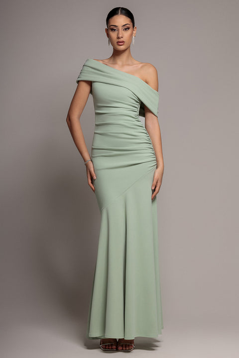 Pleated One Shoulder Bardot Fit And Flare Maxi Dress - Sage Green by Goddiva