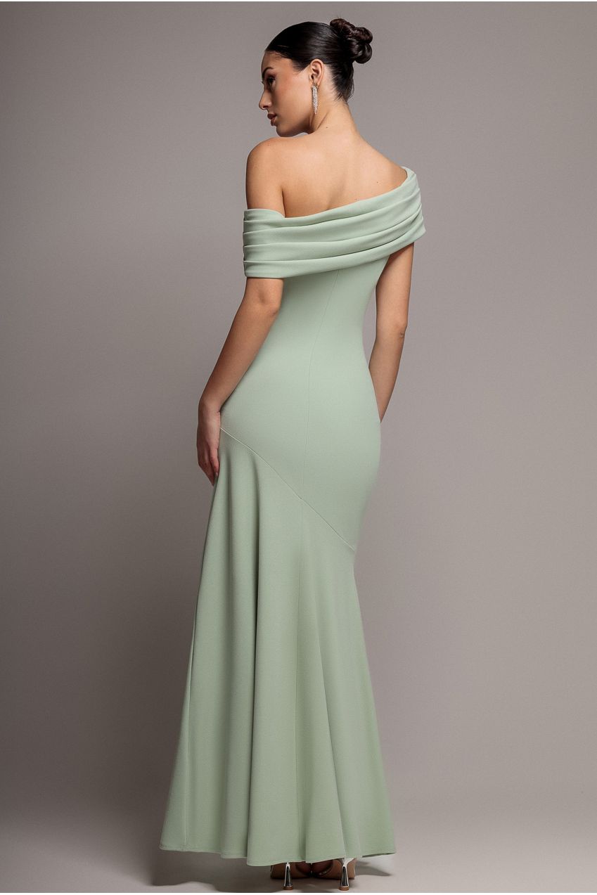 Pleated One Shoulder Bardot Fit And Flare Maxi Dress - Sage Green DR4909