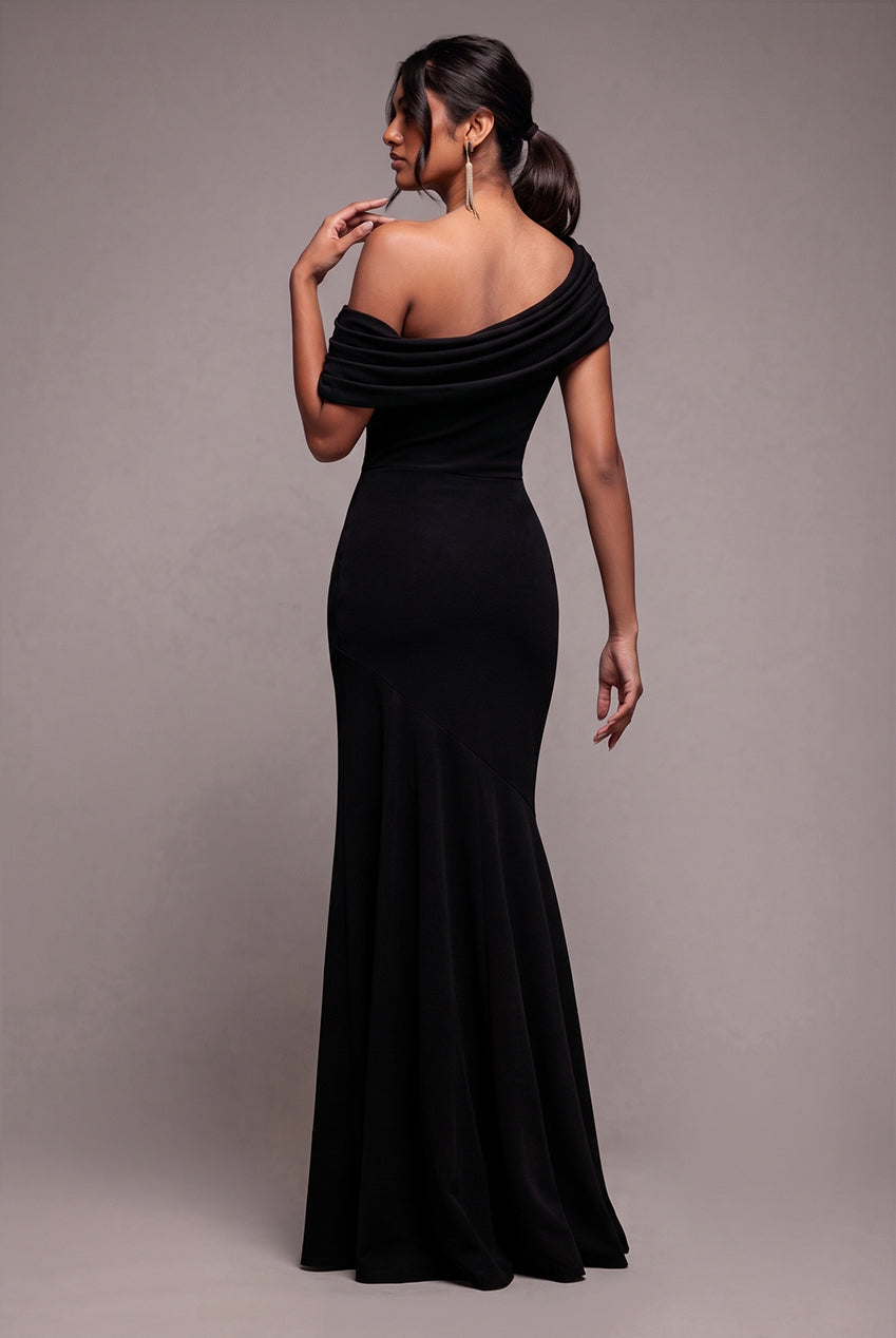 Pleated One Shoulder Bardot Fit And Flare Maxi Dress - Black DR4909