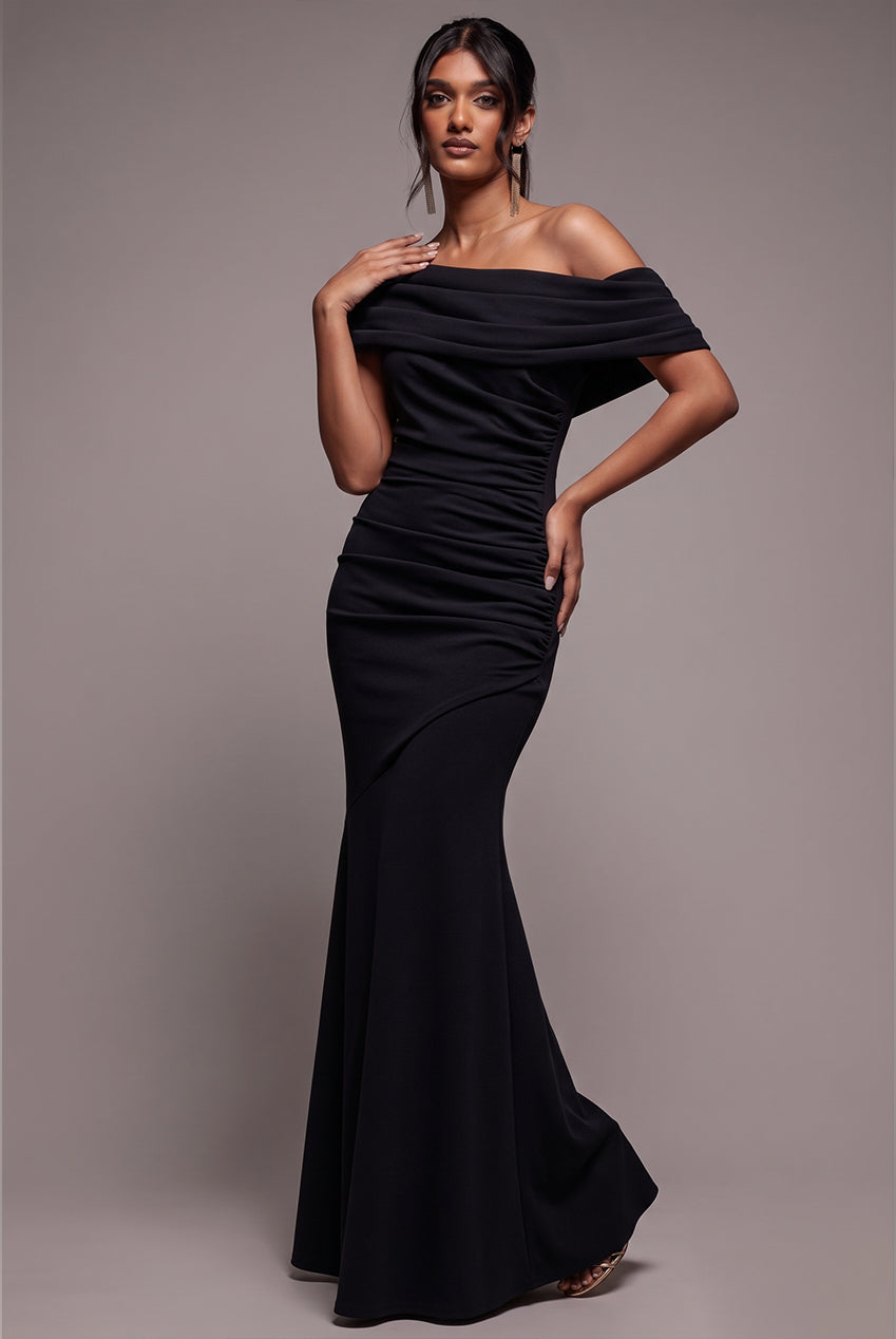 Pleated One Shoulder Bardot Fit And Flare Maxi Dress - Black DR4909