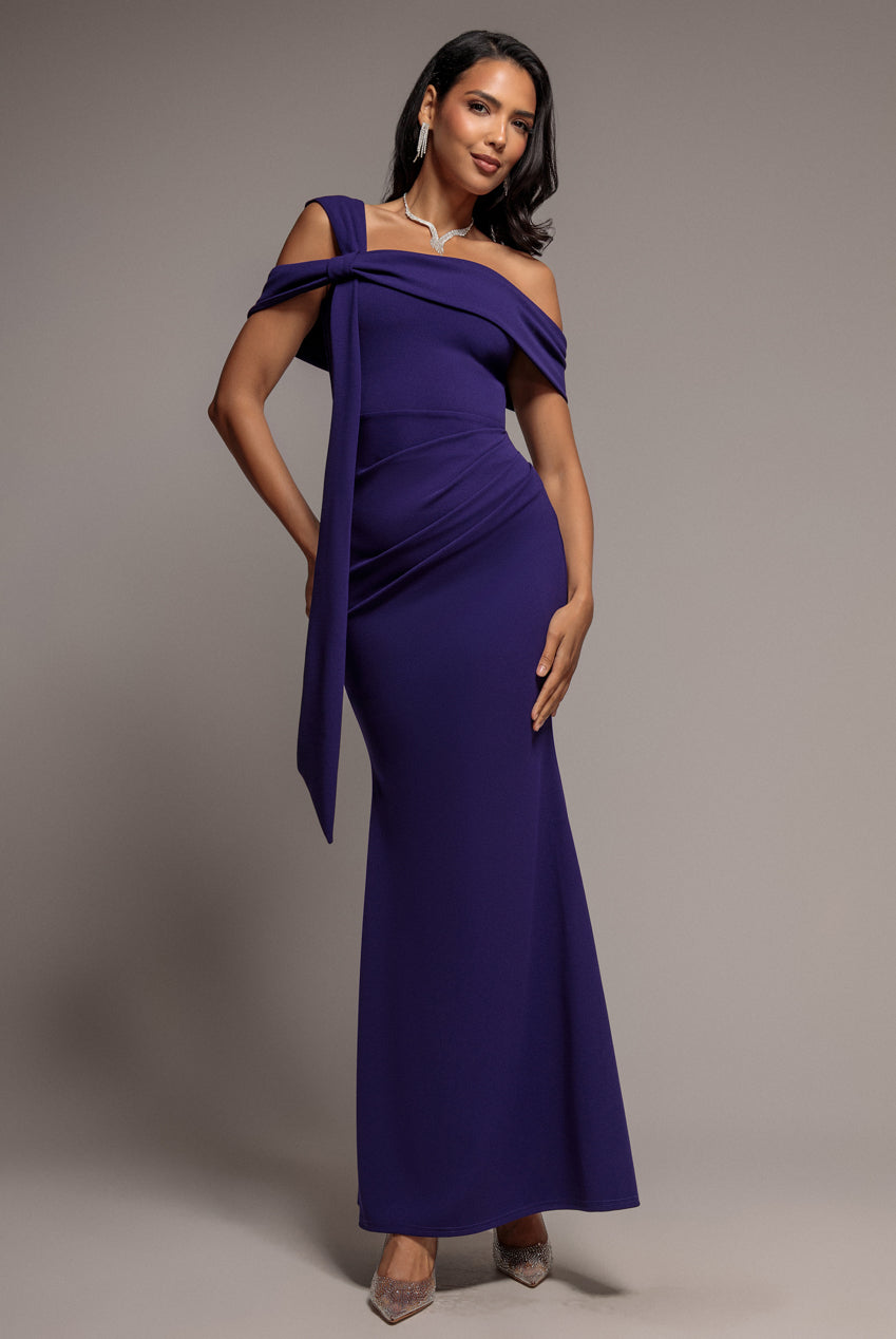 One Shoulder Twisted Bardot Asymmetric Mermaid Maxi Dress - Deep Purple DR4910