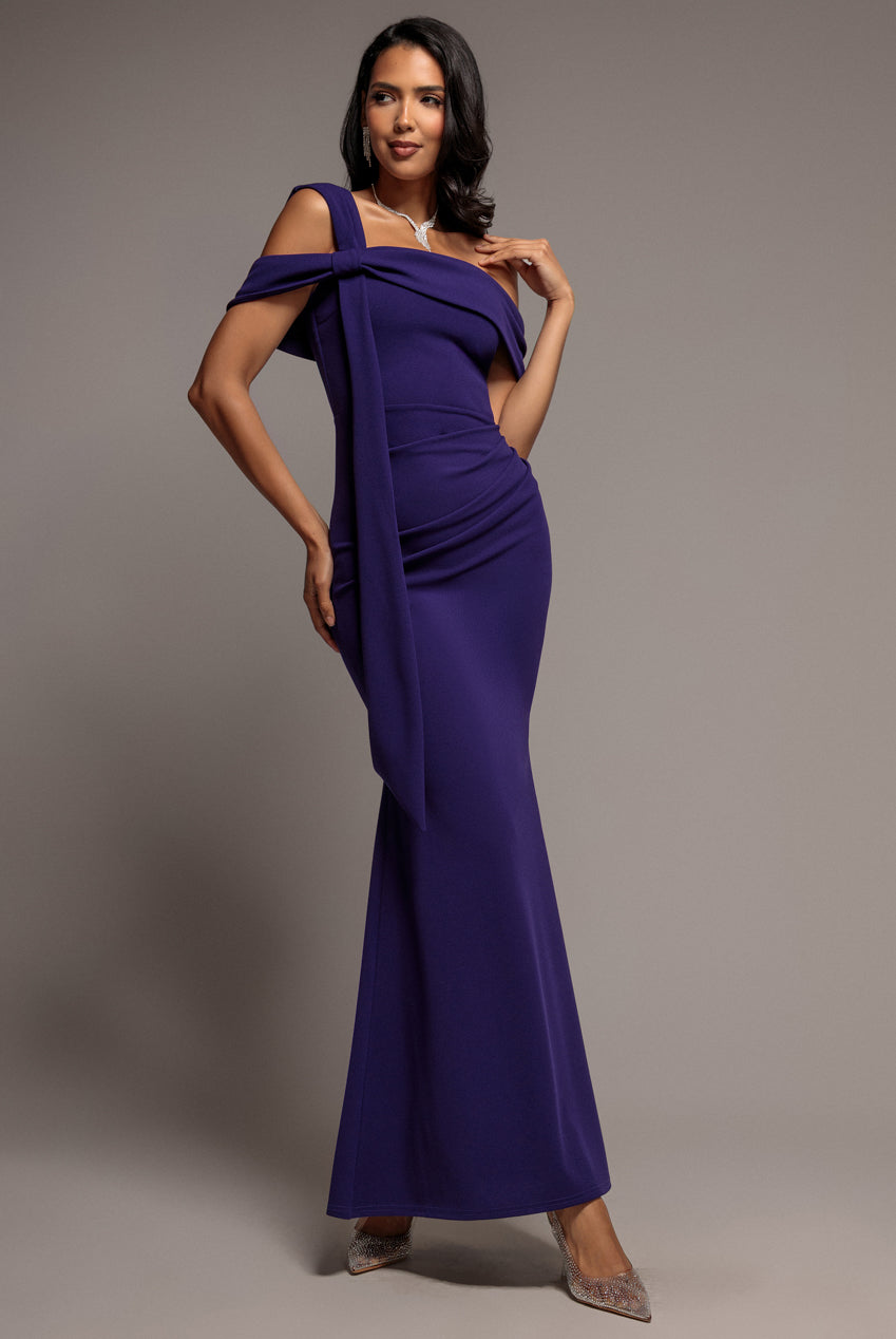 One Shoulder Twisted Bardot Asymmetric Mermaid Maxi Dress - Deep Purple DR4910