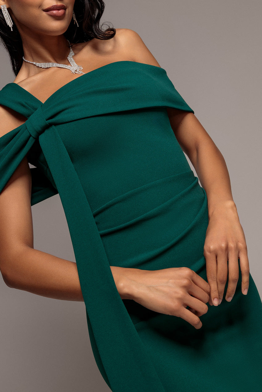 One Shoulder Twisted Bardot Asymmetric Mermaid Maxi Dress - Emerald Green DR4910