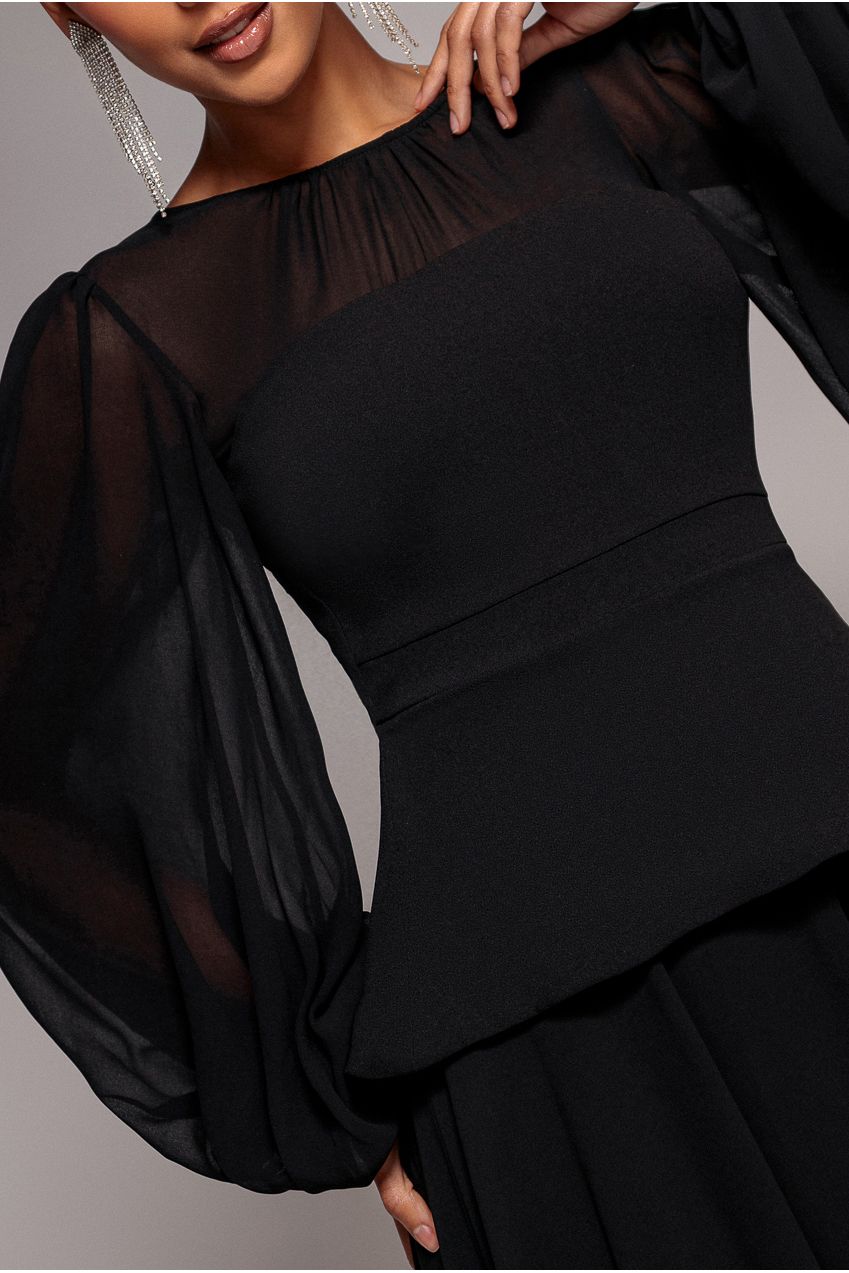 Bishop Sleeve Peplum Top Scuba Crepe And Chiffon Maxi Dress - Black DR4916